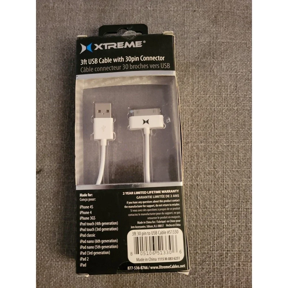Xtreme 3 ft USB cable with 30 pin connector apple mac iphone ipod